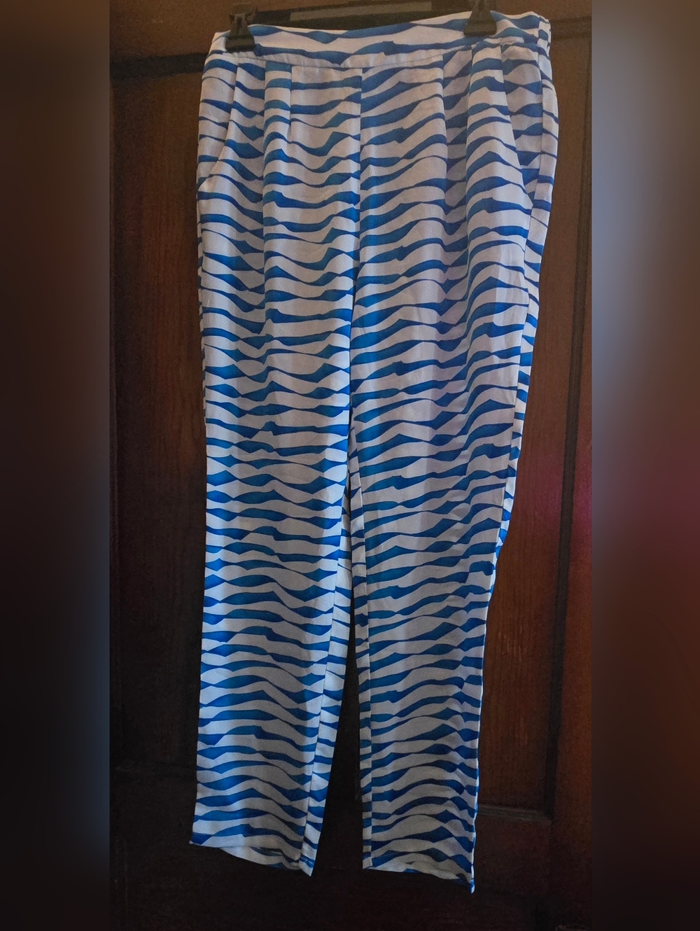 Arden B Blue and White Wave Print Wide-Leg Pants